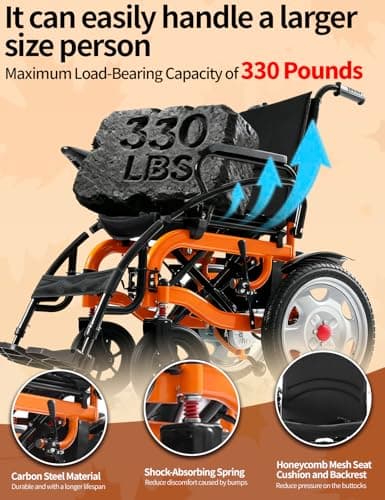 Electric Wheelchair with 20" Extra Wide Seat,20 Miles Long Range Foldable Electric Wheelchair,330 lbs Capacity Electric Wheelchairs for Adults,500W Dual Motor All Terrain Electric Wheelchairs,Orange 5