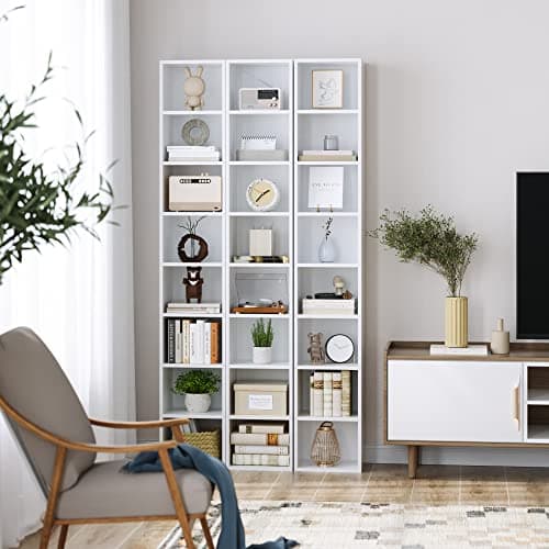 FOTOSOK White Bookshelf 8-Tier Media Tower Rack, 11.6 X 9.3 X 70.9 Inches CD DVD Slim Storage Cabinet with Adjustable Shelves, Tall Narrow Bookcase Display Bookshelf for Home Office, White 9