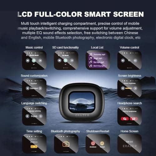 Intelligent Touch Screen Open Bluetooth Earphones, Erazers True Wireless Open Ear Earbuds Bluetooth 5.4, IPX5 Waterproof, with LED Display, Wireless Open Ear Bluetooth Earbuds (Black) 7