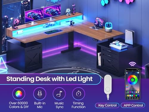 SEDETA Farmhouse L Shaped Standing Desk, 71" x 73" Height Adjustable Home Office Executive Desk with Drawers, Power Outlet, Monitor Stand, Sit Stand Table with Led Lights for Home Office, Black 7