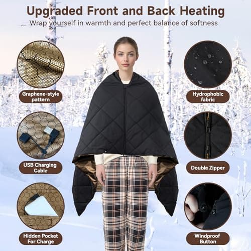 QOTOLY Heated Blanket Outdoors, Battery Operated Heated Throw with 10000mAh Power Bank, Cordless Wearable Electric Blanket & Shawl, 6-Zone Fast Heating for Camping, Hiking, Stadium Events & Travel 5
