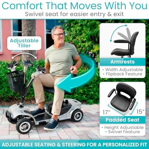 Vive 4 Wheel Mobility Scooter - Electric Powered Wheelchair Device - Compact Heavy Duty Mobile for Travel, Adults, Elderly - Long Range Power Extended Battery with Charger & Basket 5