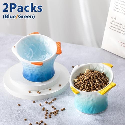 Tioncy 2 Pcs Raised Tilted Ceramic Cat Food Bowl Fish Shape Cute Elevated Slanted Shallow Angled Cat Dish Non Slip Feeder Bowl for Anti-Vomiting and Whisker Fatigue(Blue, Green) 6