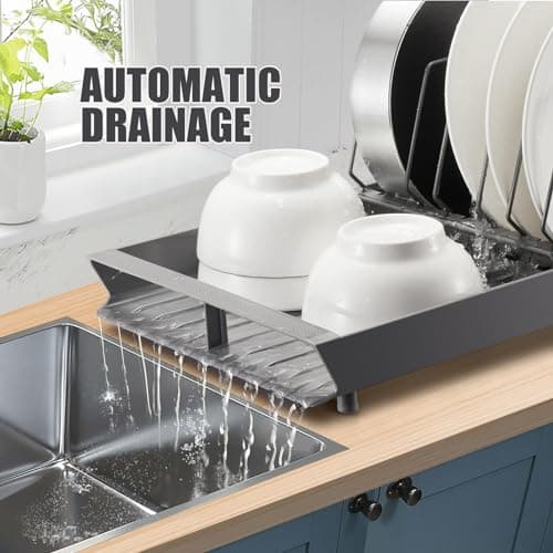 AIDUWANFU Small Expandable Dish Drying Rack, Adjustable Dish Drainer for Kitchen Counter or in Sink, Stainless Steel Drying Dish Rack, Compact Dish Rack with 3 Slots Utensil Holder,Gray 4