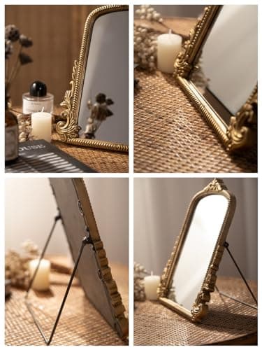 2026 Spring Women's Gifts Small Vintage Vanity Makeup Desk Mirror Antique Traditional Chic Arch Table Mirror Gold，Decor Wood Carved Mirror for Living Room,Bedroom,Tabletop 11.8" x 9.6" 10