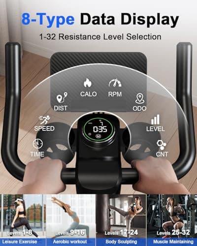 Superun Exercise Bike, Stationary Bikes for Home Gym with 32-Level Magnetic Resistance, 300LBS Capacity Indoor Cycling Bike with Comfortable Seat, LED Display 5