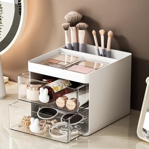 Marbrasse Small Desk Organizer with Drawer, Multi-Functional Pen Pencil Holder Storage Box, Desk Organizers and Accessories with 3 Compartments + 2 Drawer for Office Art Supplies(White) 5