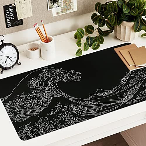 iCasso Mousepad, Gaming Mouse Pad, XXL Large Desk Mat, Big Rubber Base Mouse Mat with Stitched Edges, Computer Keyboard Desk Pad for Work, Game, Office, Home - Black Wave of Kanagawa 8