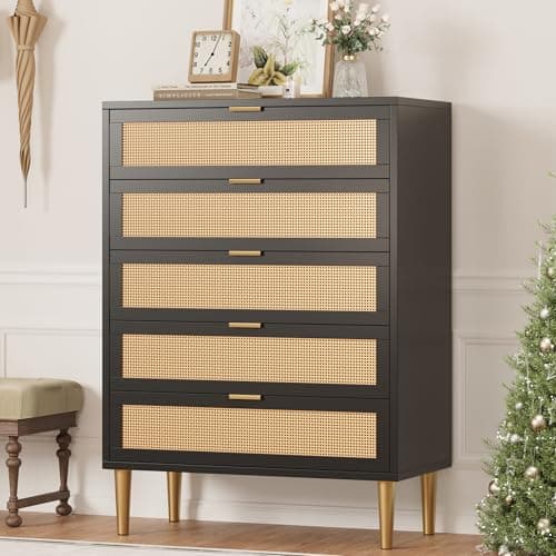 IDEALHOUSE Rattan 5 Drawer Dresser, 44'' Tall Narrow Chest of Drawer, Farmhouse Wooden Vertical Dresser with Metal Legs and Handles, Modern Cabinet for Bedroom, Living Room, Black