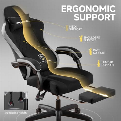 GTPLAYER Office Chair, Gaming Computer Desk Fabric Chair with Footrest, High Back Ergonomic Office Chair with Pocket Spring Lumbar Support and Linkage Armrests Adjustable Height Swivel for Home Task 5