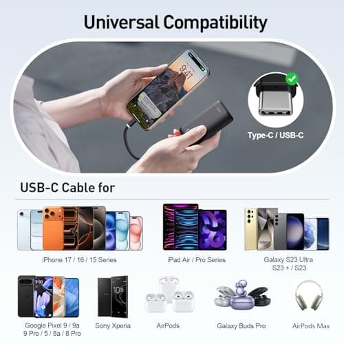iWALK Mini Portable Charger 10,000mAh, 22.5W USB-C Fast Charging Power Bank with Built-in Cable, Travel Essential Ultra-Small Battery Pack Compatible for iPhone 17/16/16 Pro/15, Samsung, Google, Black 5