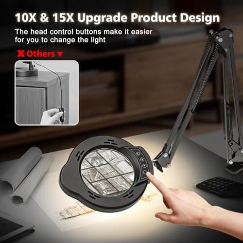 Magnifying Glass with Light and Clamp, 15X 10X Desk Magnifying Lamp, 84 LED Real Glass Lens Magnifier, 5 Color Modes Stepless Dimmable, Adjustable Hands Free Table Lamp for Repair Crafts Hobby Sewing 6