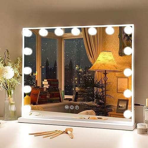 Fenair Vanity Mirror with Lights 22.8"x 18.1" Makeup Mirror with Lights and 15 Dimmable Bulbs,3 Colors Modes,Hollywood Mirror with USB Charging Port and 10X Detachable Magnification Mirror 9
