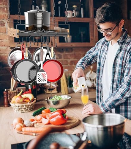 Creso hom Hanging Pot Rack, 24x13 Inch Pot Hangers for Kitchen with 12 S-Shaped Hooks, Vintage Ceiling Mounted Pan Holder with Raised Edges for Cookware Storage, Rustic Brown and Classic Black 7