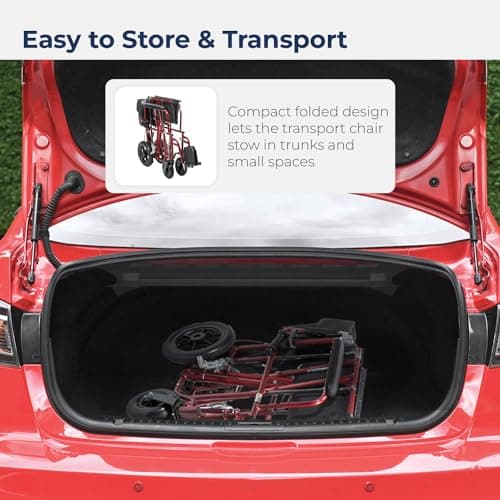 Drive Medical Bariatric Transport Chair FoldingOutdoorFull Length Arms with 12 Inches Rear Flat Free Wheels, Red, 22 Inches 7