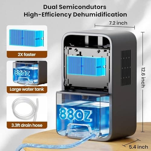 Dehumidifier(88.0OZ) for Bedroom With Drain Hose Timer Quiet Portable Dehumidifier with Auto Shut Off for Home Bathroom Basement Kitchen RV Closet（1000Sq.ft) 8
