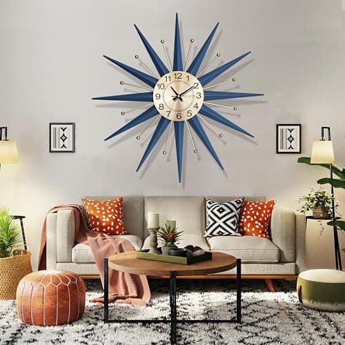 HAOWANJP Large Wall Clock Metal Decorative, Mid Century Silent Non-Ticking Big Clocks, Modern Home Decorations for Living Room,Bedroom,Dining Room, Office, 22 Inch 5