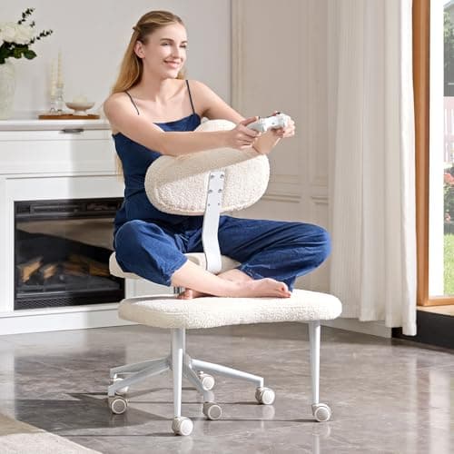 Pinmoco Cross Legged Office Chair with Wheels, Meditation Chair, ADHD Chair for Adults, Wider Height Adjustable Backrest and Seat, Yoga Office Chair, Teddy Fabric, Off White