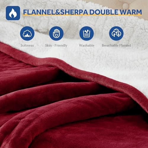 Sealy Electric Blanket Throw Size 50"*60",Super Cozy Flannel to Sherpa Reversible Heated Blanket Throw with 6 Heating Levels & 2-10 Hours Auto Off Overheating Protection Machine Washable,Red 6