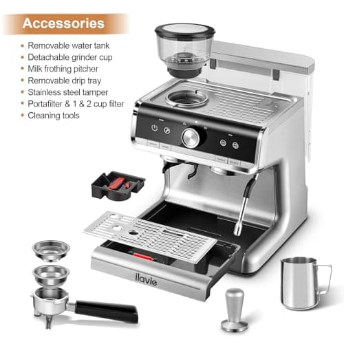 ILAVIE Espresso Coffee Machine 20 Bar for Home Office, Professional Cappuccino Latte Machines with Milk Frother, 2.8L Removable Water Tank, Espresso Maker with Grinder 6