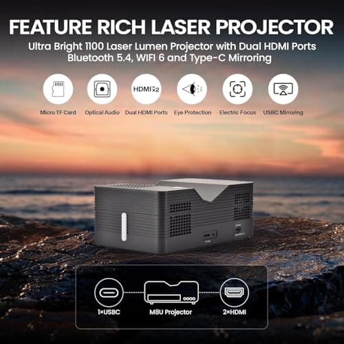 AAXA M8 UST Ultra Short Throw HD Laser Projector, BT 5.4, WiFi 6, USBC Mirroring, 2xHDMI, Optical Audio, Efocus, Auto Keystone, Smart Technology RGB Laser (Renewed) 6