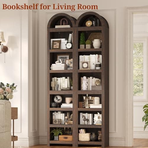 UPOSOJA 76" Tall Narrow Arched Bookcase,7-Teir Mid-Century Modern Bookshelf,Adjustable Shelves offering More Storage Space for Living Room,Kitchen,Home Office,Walnut 7