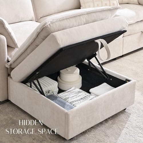 85.83" Sectional Couches for Living Room, Cloud Couch Sectional with Large Storage Ottoman, U-Shape Modular Sectional Sofa with 5 Seater Chenille Sofa and Pillow for Apartment, Bedroom, Beige 4