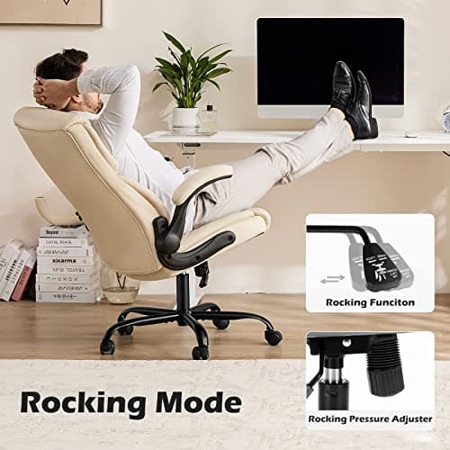 DUMOS Office Chair - Ergonomic Executive Computer Desk Chairs with Adjustable Flip-up Armrest, Swivel Task Chair with Lumbar Support, Strong Metal Base, PU Leather, Cream White 6