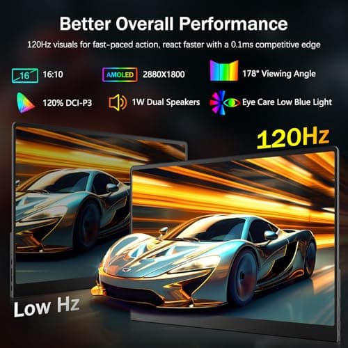 NewHail OLED Portable Monitor 16", 3K 2880x1800 120Hz 0.1ms USB-C HDMI Portable Monitor with 120% DCI-P3 Built-in Kickstand & Speakers for Laptop Windows Mac Phone Switch PS5, Black 3