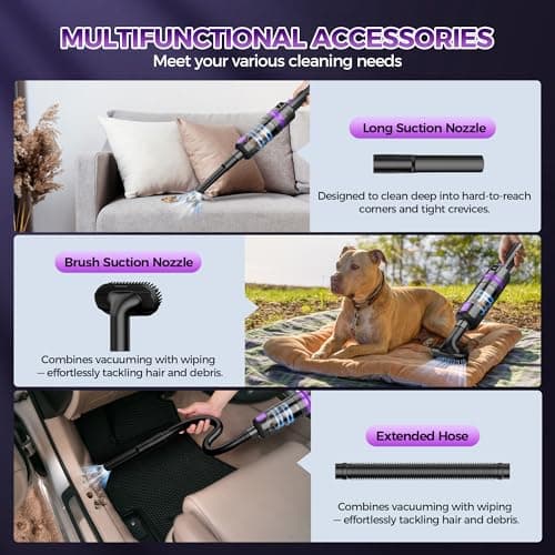 Handheld Vacuum Cordless Rechargeable 2-Speed Modes| 3-in-1 Portable Cordless Vacuum Cleaner with Charging Dock, for Car Home Office and Pet Hair (Purple) 5