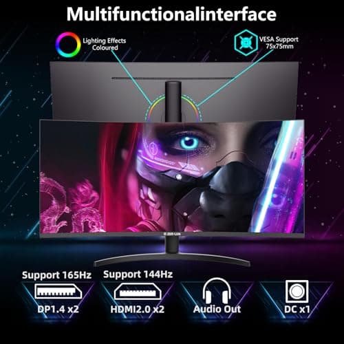 ZER-LON 34 Inch Curved Gaming Monitor, 3440x1440 165Hz Ultrawide Computer Monitor, Tilt/Height/Pivot Adjustment, HDR400 1500R -PIP 1ms(MPRT) ‌99% sRGB, DCI-P3 95%, HDMI2.0 X2, DP1.4 X2 Port 6