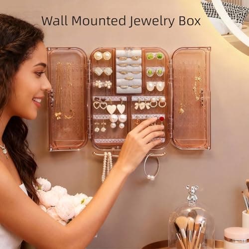 Wall Mounted Jewelry Organizer Cabinet- No Punching Foldable 4- Compartment Jewelry Hanging Organizer for Necklaces, Rings, Bracelets | Jewelry Earring Holder Storage Box for Women & Girls (Rose Gold) 3