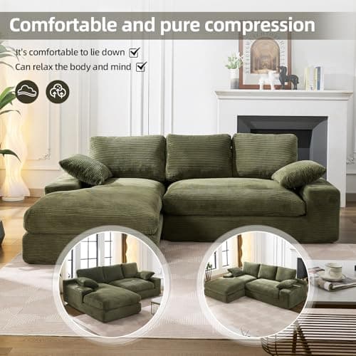 98.4" Green Sectional Sofa Cloud Modular Sectional Couch with Chaise,Corduroy Sectional Couches L-Shaped Modern Upholstered Sofa with Deep Seat for Living Room and Bedroom,No Assembly Required(Green) 8