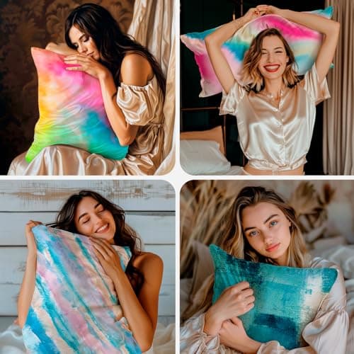 Sinpooo Satin Pillowcase for Hair and Skin,Softer Than Mulberry Silk Pillow Cases 2 Pack, Fade Resistant, Satin Pillowcases with Zipper, Cooling Pillow Cases Standard Size Set of 2, Rainbow Tie Dye 6