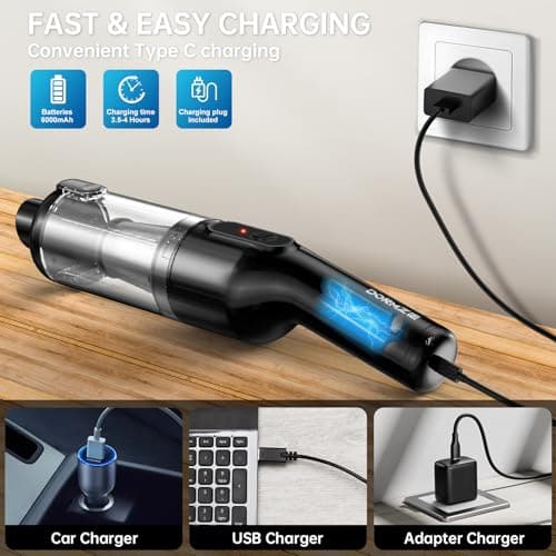 dormzie Handheld Vacuum Cordless, Car Vacuum with 16000Pa Powerful Suction, Lightweight at 1.3 lbs, Type-C Charge, Multiple Accessories, Rechargeable Vacuum Cleaners for Home Office Car Pet 6