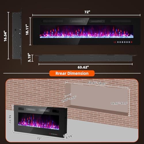 BREEZEHEAT 72 Inch Ultra Thin Electric Fireplace-Freestanding or Recessed Wall Mounted Fireplace Heater, Remote Control, Touch Screen, 750W/1500W, 8H Timer for Living Room, Bedroom, Office 7