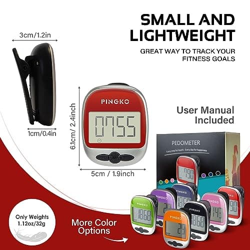PINGKO Best Pedometer for Walking Accurately Track Steps Multi-Function Portable Sport Pedometers Step/Distance/Calories/Counter - Red… 6