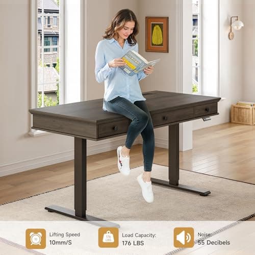 ONBRILL Standing Desk with Drawers, 55 x 23 Inch Electric Height Adjustable Desk with Storage & Outlets, for Computer Workstation, Home Office, Retro Curved Table Corner Design, Black Walnut 8