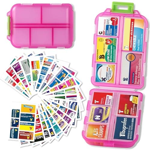 Pill Organizer with Medicine Labels Travel Daily Pill Container Mini Medication Organizer Storage Pill Organizer Travel Essentials Pill Case 7 Day (Pink & 161 Lables)