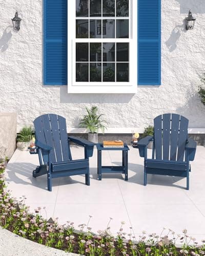 Folding Adirondack Chair Set of 2 with Side Table, All-Weather HDPE Outdoor Chair, Wooden Textured with Cup Holder for patios, Decks, Gardens, fire pits, Navy Blue 9