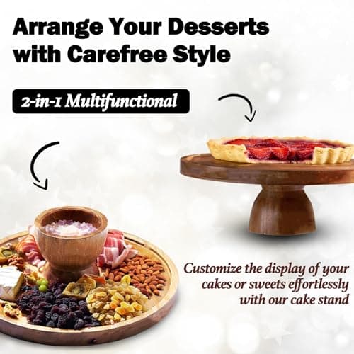 AZ-Homey Cake Stand with Acrylic Dome Lid 2-in-1 Multifunctional Round Shatterproof Dessert Table Display Set with Acacia Wood Serving Platter, Veggie Tray, Fruit Bowl, Donut Stand, Nachos Plate 5