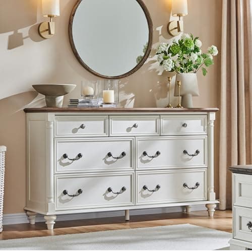 T4TREAM Farmhouse 7 Drawers Dresser Chests for Bedroom with 4 Solid Wood Feet, Tall Wide Wood Country Rustic Chest of Drawers, Storage Dressers for Bedroom, Living Room, Antique White