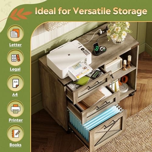 DEVAISE Wood File Cabinet with Charging Station, Mobile Lateral Filing Cabinet with Lock for Home Office, Printer Stand with Open Storage Shelves, Gray Oak 7