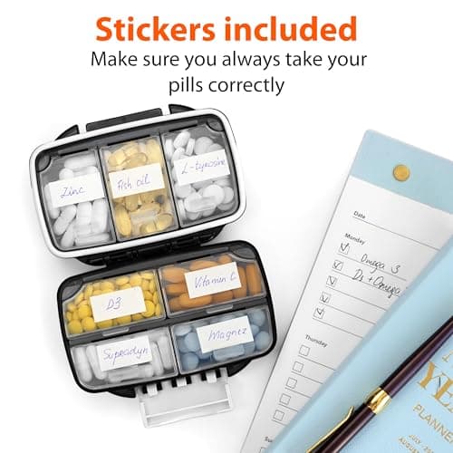 Travel Pill Organizer - Moisture Proof Portable Vitamin Holder with 7 Compartments, Compact Supplement Case for Purse Essential Medicine Kit fot Traveling Pocket Pharmacy with Labels, Black 8