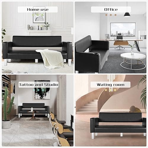 Artist hand Office Reception Chairs Waiting Room Bench Guest Chairs, Leather Bench 60.6'' Conference Room Chairs with 2 Cup Holder Office Couch Stainless Steel Base Chair 5