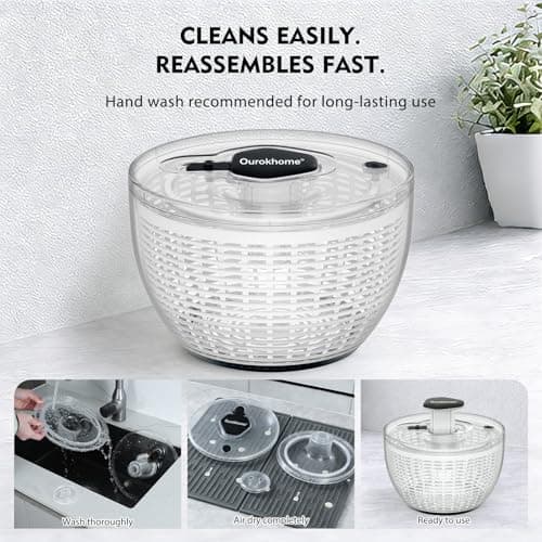 Ourokhome 6.3 QT Salad Spinner with Fully Removable Lid, Large Lettuce Dryer with One-Hand Press Pump, Instant Stop Brake Button and Retractable Handle, Vegetable Washer & Spinner for Greens and Herbs 5