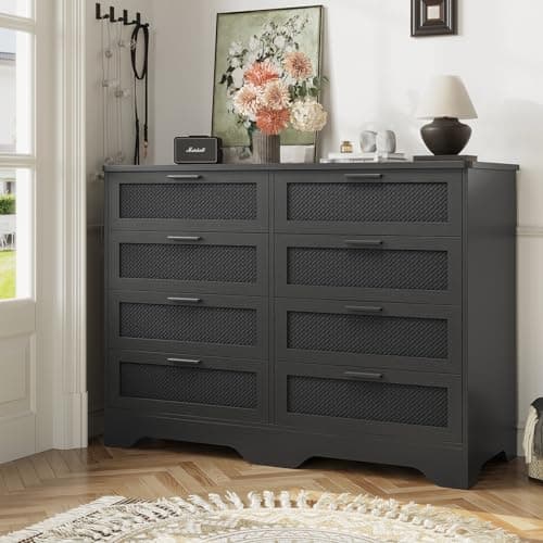 Hasuit Black Dresser for Bedroom, Wide Chest of Drawers with 8 Drawers, Wood Rustic Storage Tower Organizer with Woven Texture Design, Large Storage Dressers for Bedroom, Living Room, Hallway