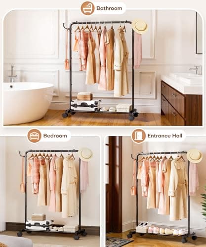 Homde Rolling Clothes Rack with Hooks: Standing Garment Storage for Indoor - Hanging Rod for Bedroom Laundry Room - Coat Dress Organizer on Wheels with luggage shelf (Black, 32") 8