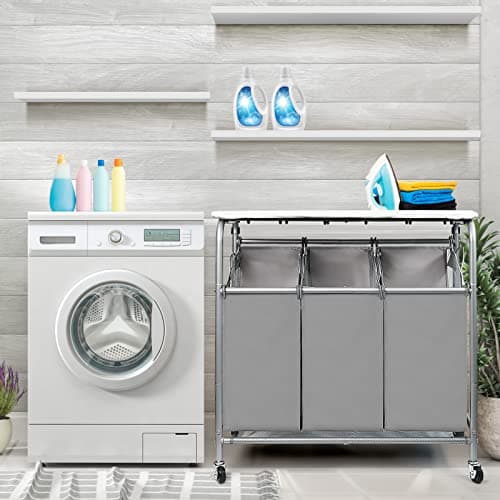3 Bags Laundry Sorter Cart, Heavy Duty Rolling Laundry Hamper Sorter with Ironing Board(Grey) 2