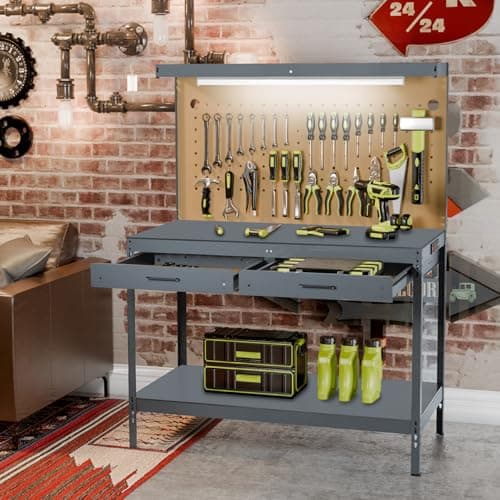 Henetion Work Bench, Workbench with Power Outlets and Light, A3 Steel Work Table with Drawers, Pegboard, 600LBS Capacity Garage Workbench, Heavy Duty Work Benches for Garage Workshop, Basement, Gray 7